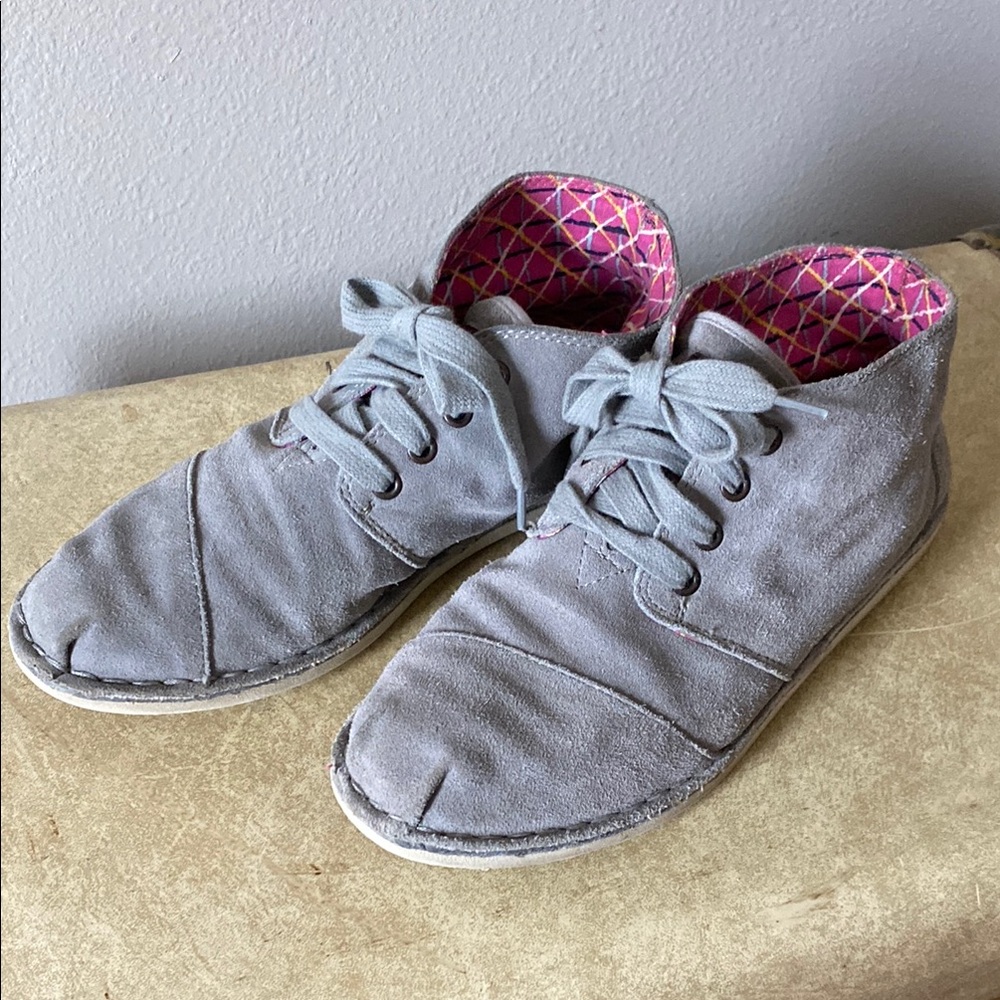 Gray TOMS Suede Lace-Up ankle booties with Pink Lining